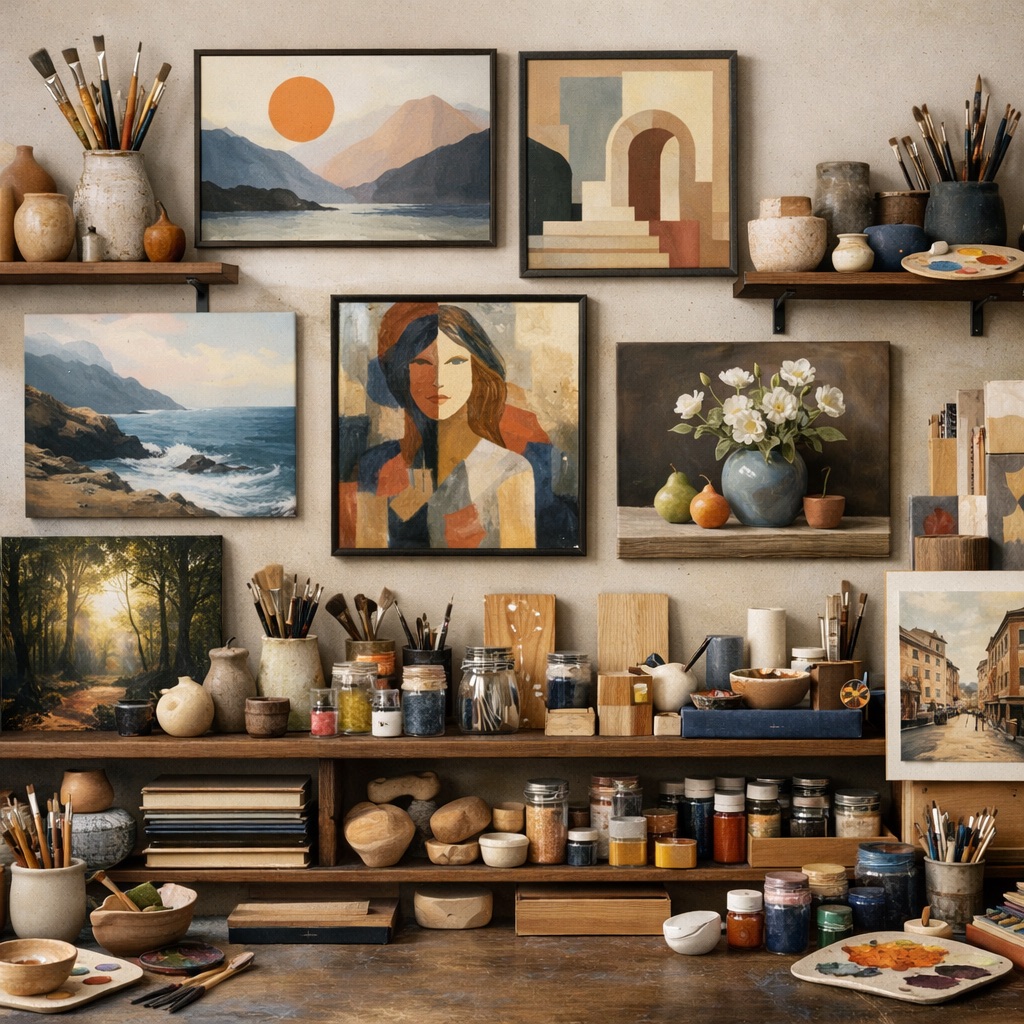 Studio workspace displaying finished artwork and creative projects on shelving in organized curated display