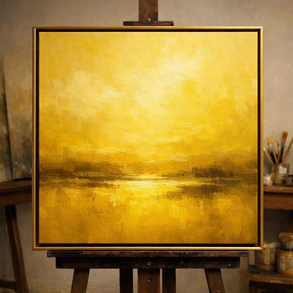 Completed fine art painting displayed in gallery or artist studio setting as professionally finished portfolio piece