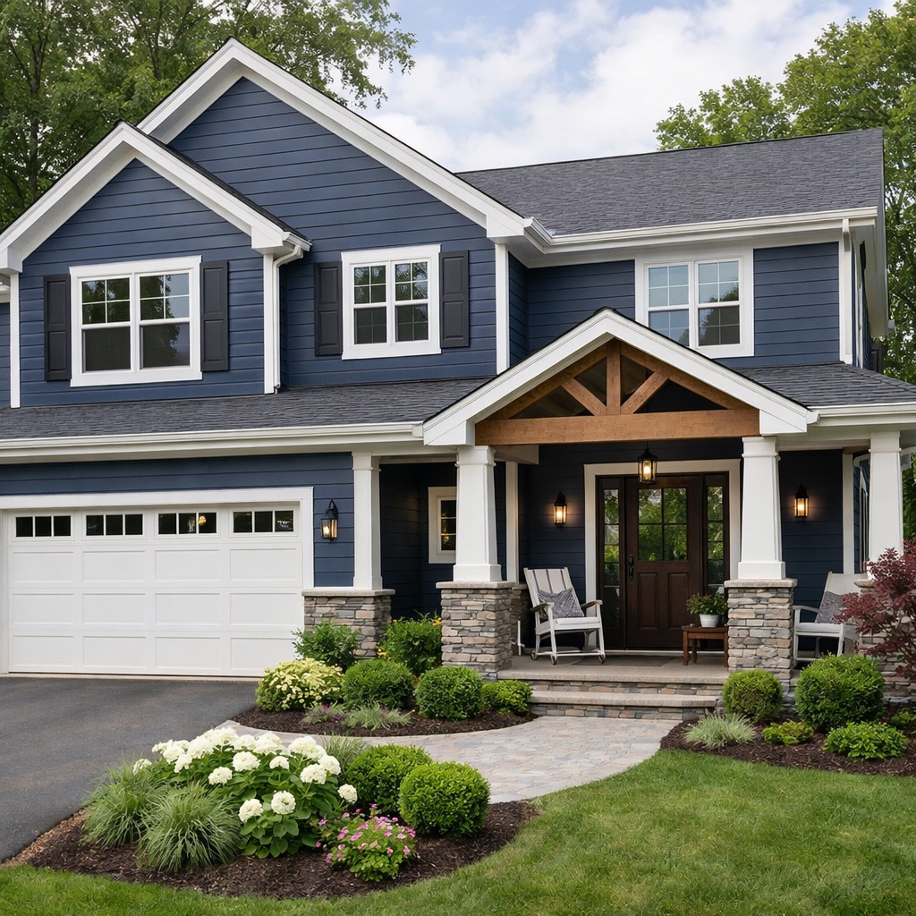 Elegant two-story home with dark blue siding and white trim, newly painted