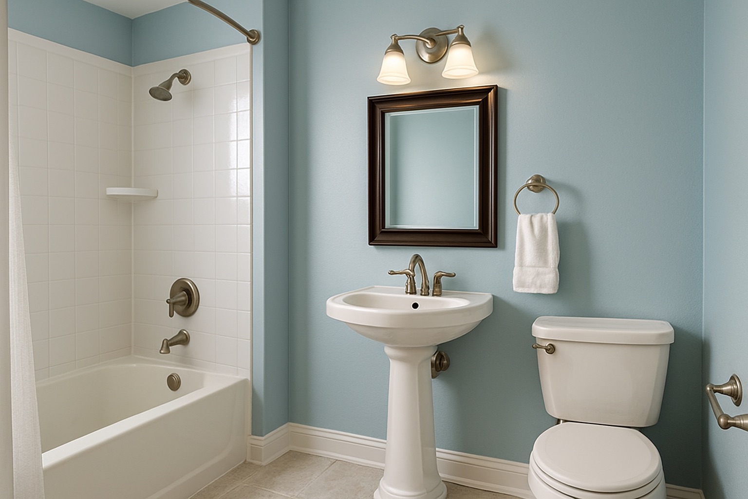 A traditional bathroom makeover with soft blue painted walls, white trim, pedestal sink