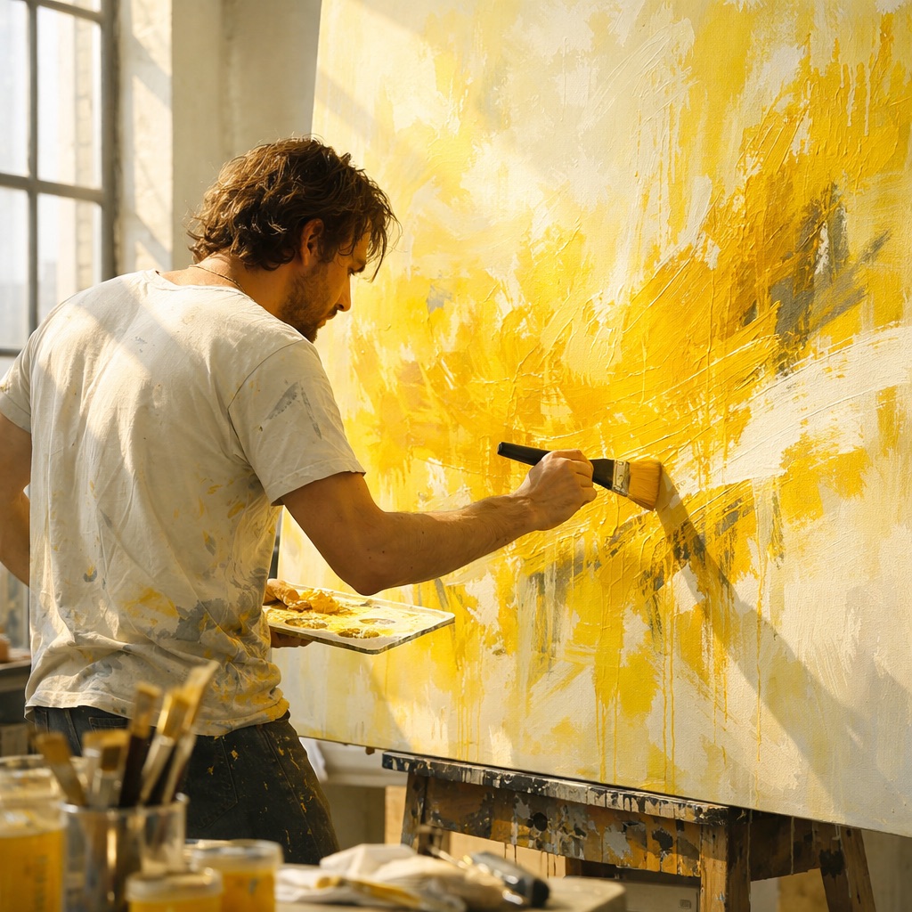 Artist applying paint to large canvas in bright studio with natural window light during creative work