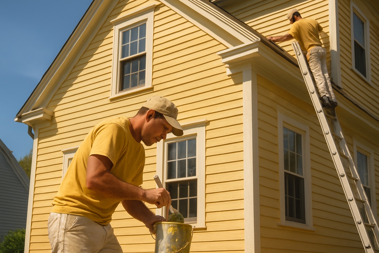 Professional painters with ladder and equipment applying paint to home exterior