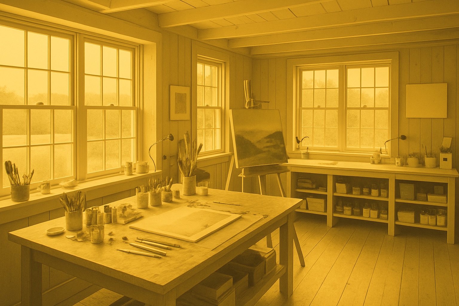 Artist studio in rural New Hampshire with natural light, wooden workbenches, art supplies, and creative workspace