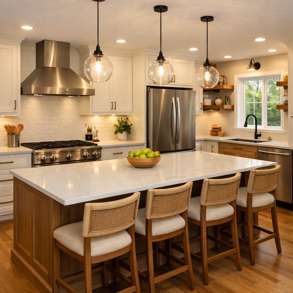 Modern kitchen renovation with white cabinetry, stainless steel appliances, and island seating