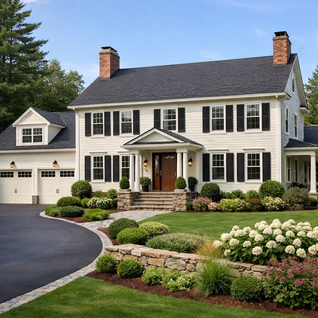 Elegant white colonial home exterior with black shutters and landscaped grounds