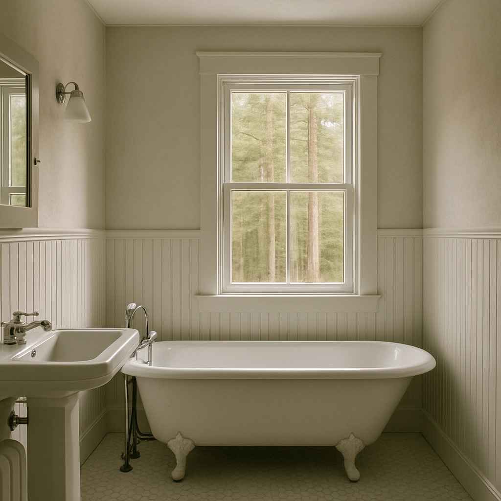 Remodeled farmhouse bathroom with white beadboard wainscoting and clawfoot tub
