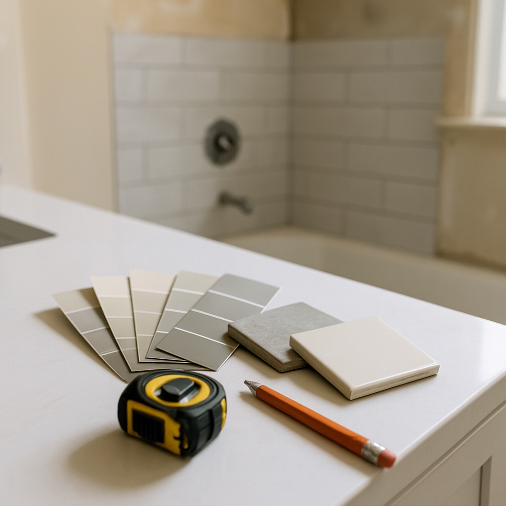 Paint swatches, tile samples, tape measure and pencil on bathroom vanity