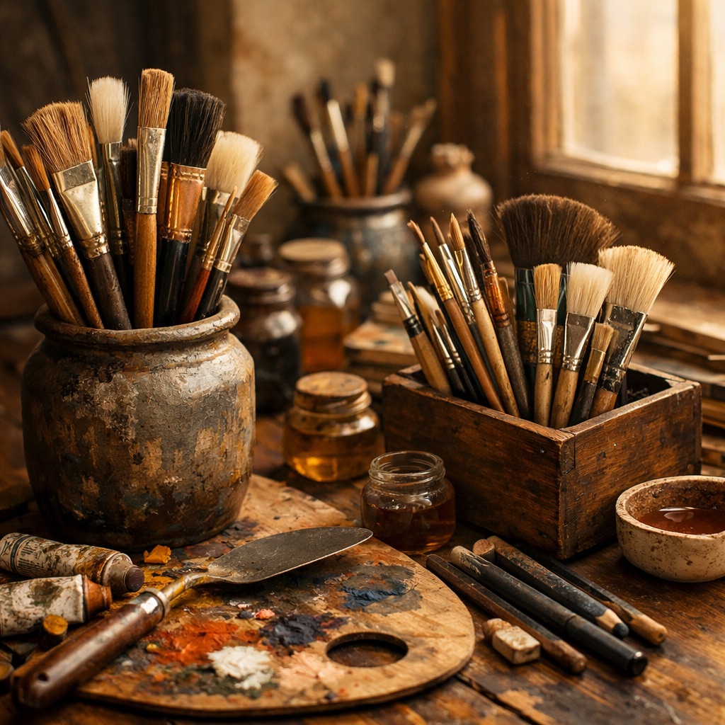 Close-up of paint brushes and organized art materials in studio with warm lighting