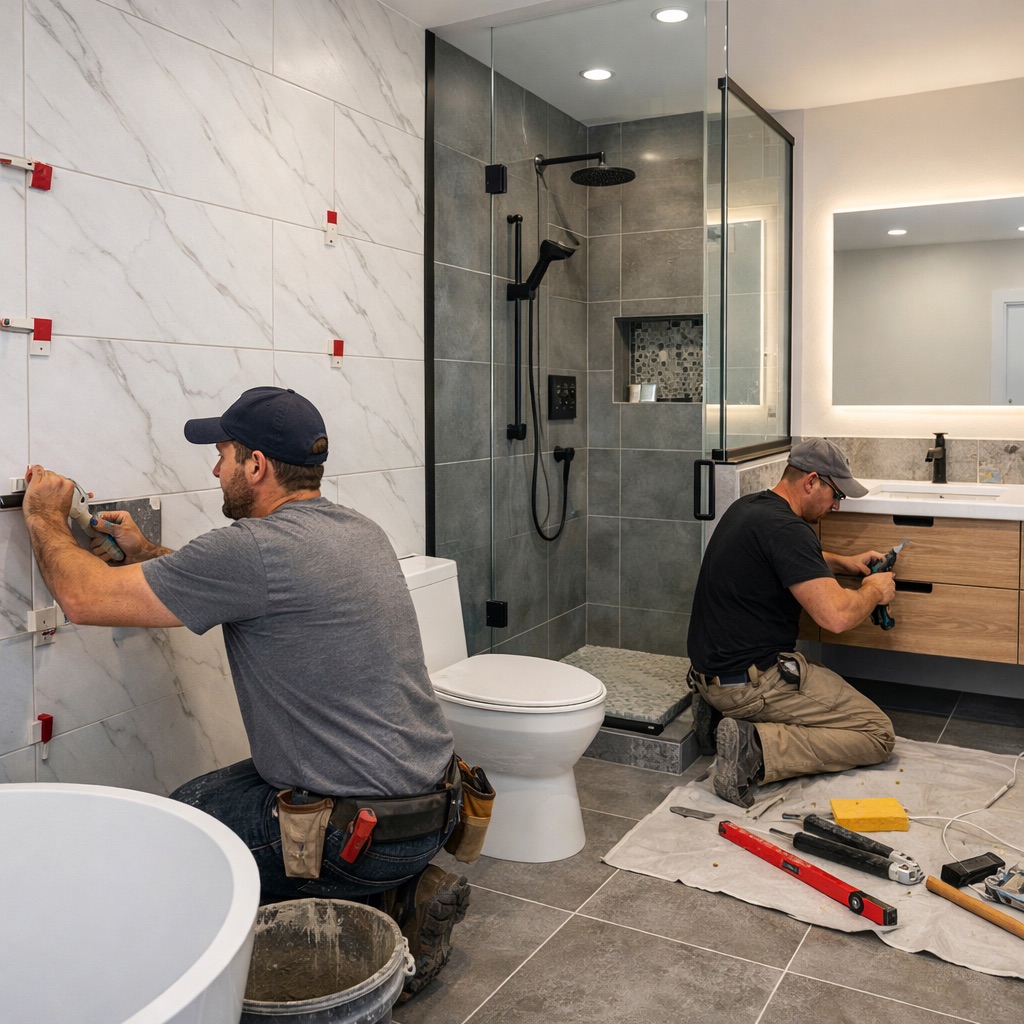 Two workers installing bathroom fixtures and tile in a modern renovation project