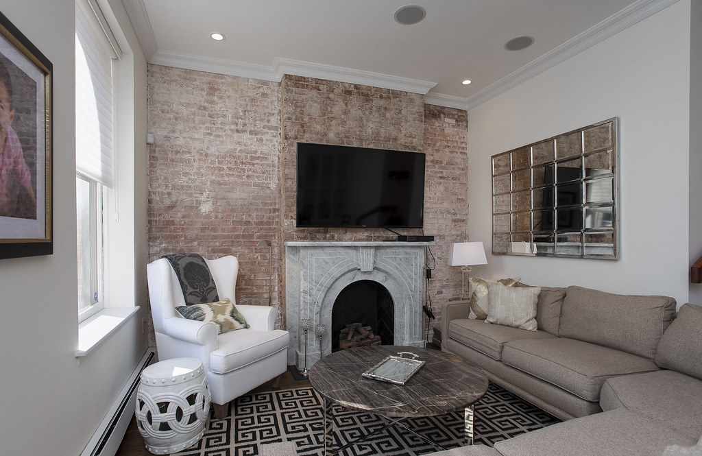 Modern living room with custom artwork installation